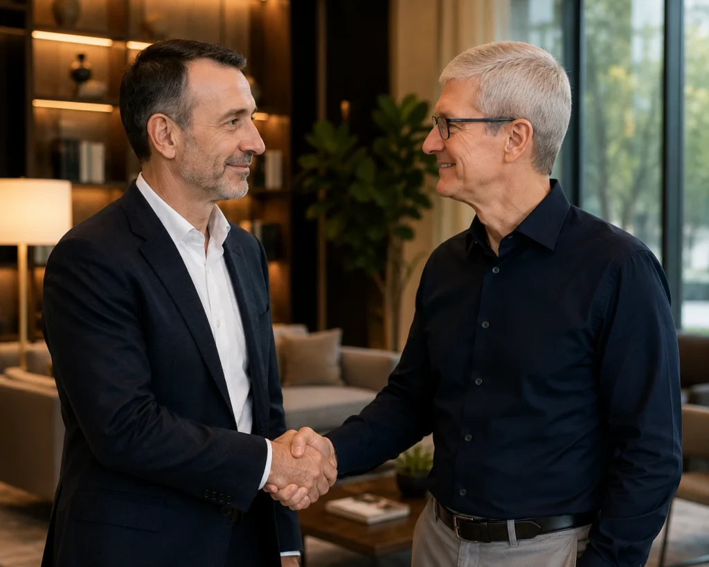 emmanuel faber and tim cook greeting